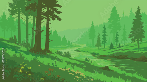 landscape with trees, green forest, minimal design, vector art, illustration