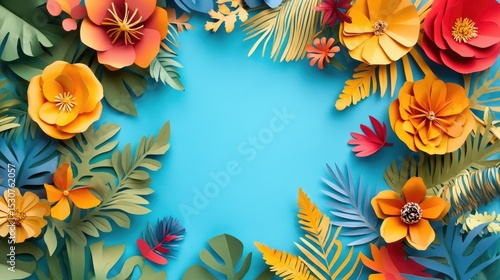 Colorful paper flowers and leaves arranged in a decorative frame on a blue background. The scene is vibrant and suitable for spring or summer themes.