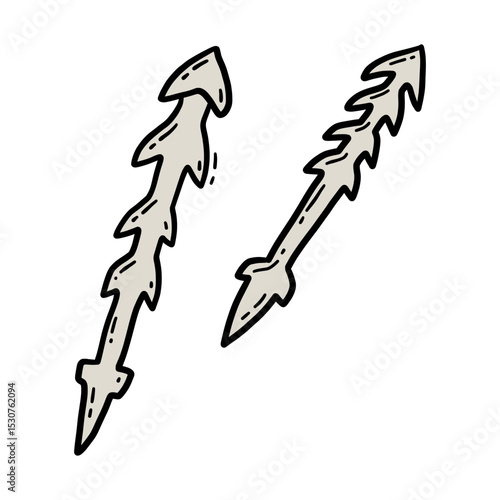 Vector linear hand drawn icon of two primitive barbed spears in doodle style.