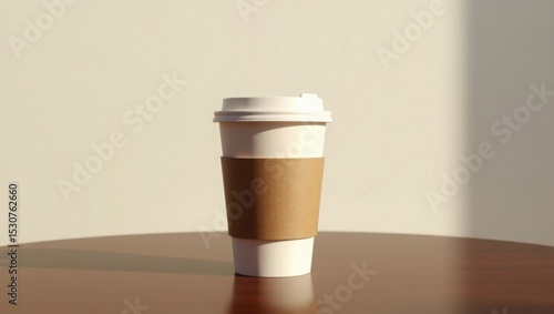 Take Away Coffee Cup on Wooden Table in Sunlight A Warm Beverage Image