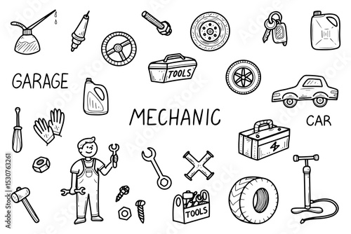 Profession mechanic set. Hand drawn doodle vector. Auto service. Fixing car diagnostics. Changing engine oil, tires. Garage worker. Steering wheel, pump, tools, canister. Illustration line art.
