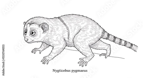 Detailed Line Art of a Pygmy Slow Loris (Nycticebus pygmaeus) on a Branch