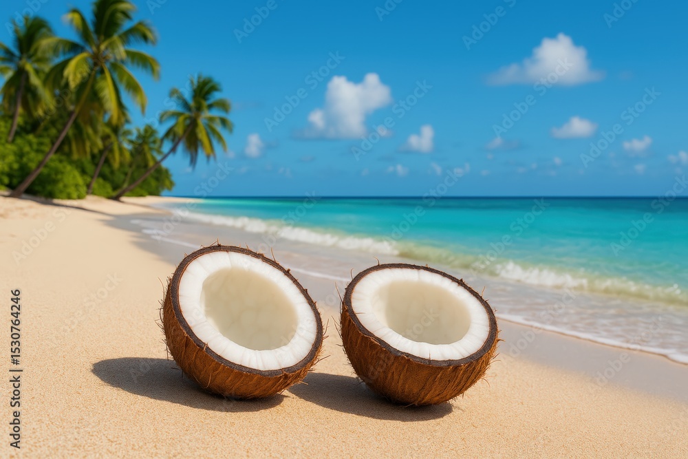 custom made wallpaper toronto digitalTwo Halved Coconuts rest on Sunny Sandy Beach, Palm Trees and Turquoise Ocean creating a Paradise Island Escape