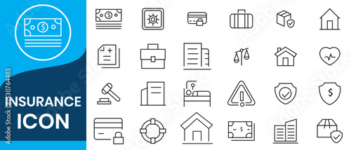 Insurance thin line icons set. Insurance  symbols collection. Life, car, house, care, money, pet insurance editable stroke icon. Vector illustration