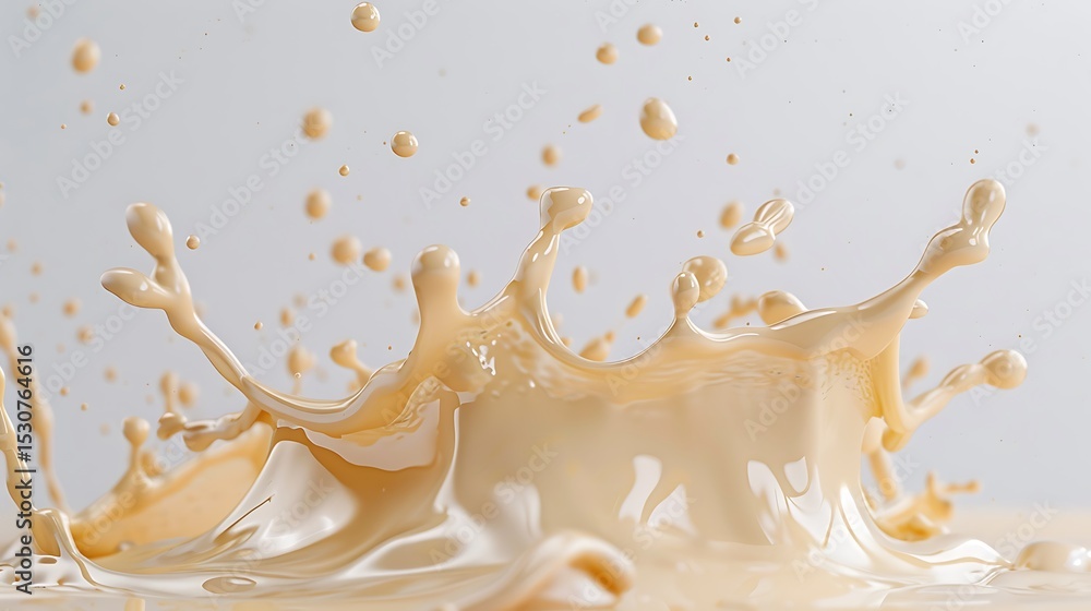 A smooth splash of vanilla cream, droplets flying mid-air against a pristine white background. A smooth splash of vanilla cream, droplets flying mid-air against a pristine white background.