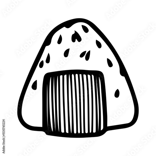 Onigiri sprinkled with sesame seeds. Hand drawn doodle vector. Traditional Asian food rice triangle in nori with seafood, mushrooms, eggs filling. Restaurant menu. Illustration line art element.