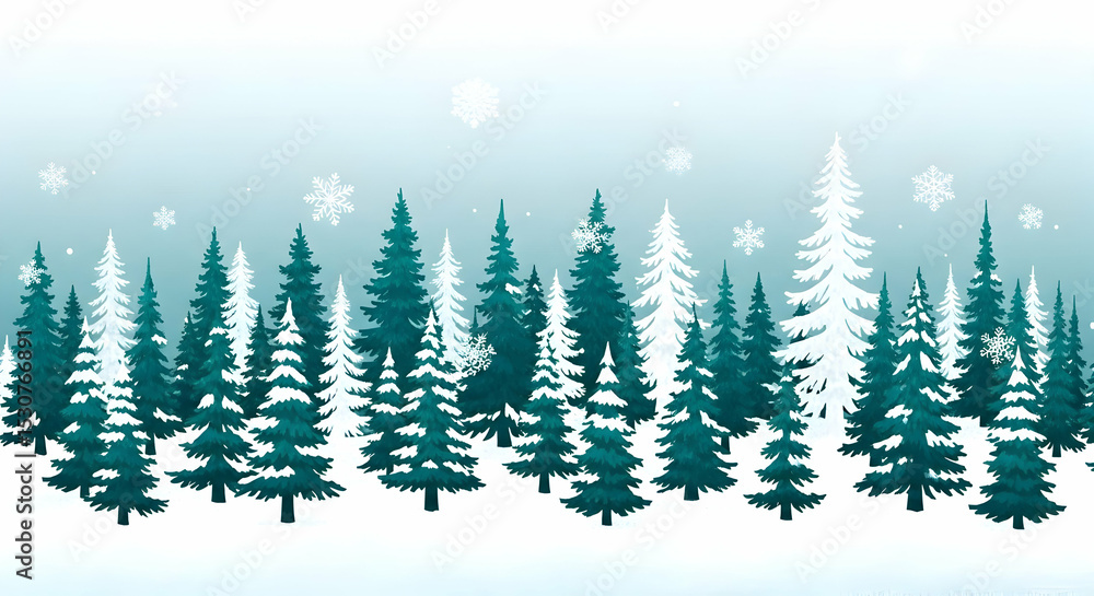 Fototapeta premium Winter Forest with Snowflakes Illustration