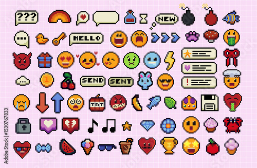 Pixels Y2k funny playful emoticon stickers. Love, kiss, melting smile. 8-bit retro style vector illustration for social media. Set of emoticons pixel art. Emoji pixelated icons. Various faces