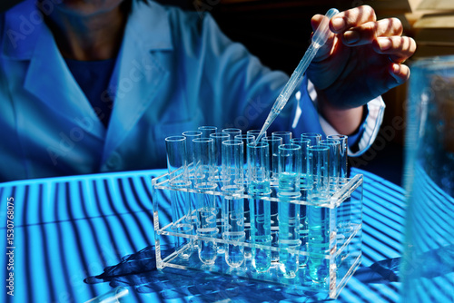 Scientist hand dropping chemical liquid into test tube, science research, medical trial  and development concept.