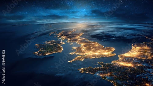 Aerial View of United Kingdom and Ireland at Night with Stars