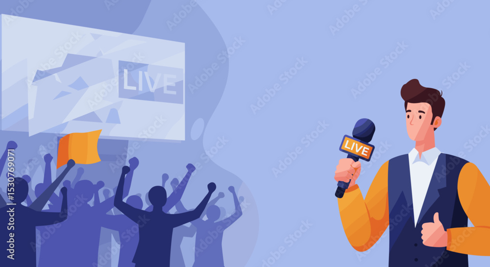 Naklejka premium Live Sports Journalist Reporting at Event with Audience for Media Coverage, Sports News, Broadcast Channels, and Online Engagement