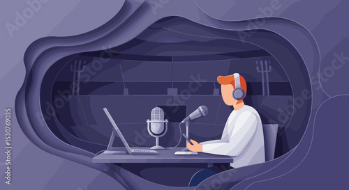 Sports Journalist at Microphone in Studio for Sports Media, Broadcasting Platforms, Journalism Education, and Podcast Content Creation