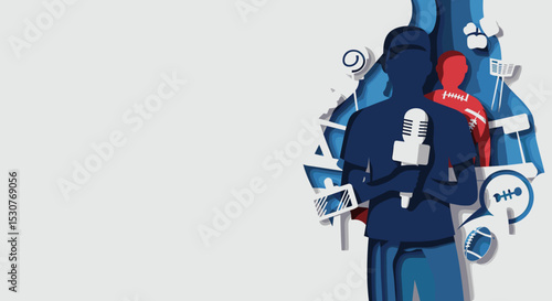 Silhouettes of sports journalists with microphones and media icons for Sports Journalist Day  