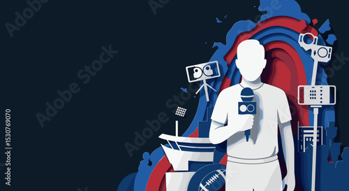 Sport Journalist with Microphone and Sports Icons for Media Awareness, Sports News Websites, Event Promotion, and Design Projects