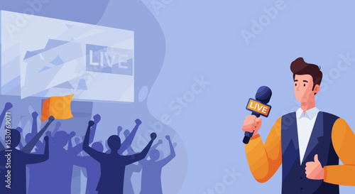 Live Sports Journalist Reporting at Event with Audience for Media Coverage, Sports News, Broadcast Channels, and Online Engagement