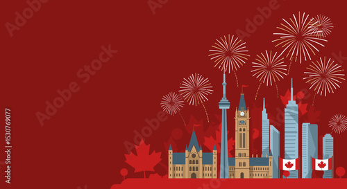 Canada Day Celebration Illustration with Parliament Buildings and Fireworks for Holiday Promotions, Festive Events, Social Media Graphics, and Cultural Awareness Campaigns