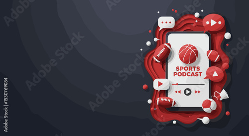 Sports Podcast Concept with Basketball and Football Icons for Media Marketing, Sports Blogs, Audio Content, and Social Media Promotion