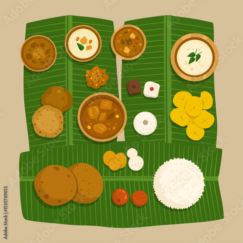 Traditional Onam Sadhya on Banana Leaf with Rice, Sambar, Rasam, Payasam, Pappadom – South Indian Festival Feast