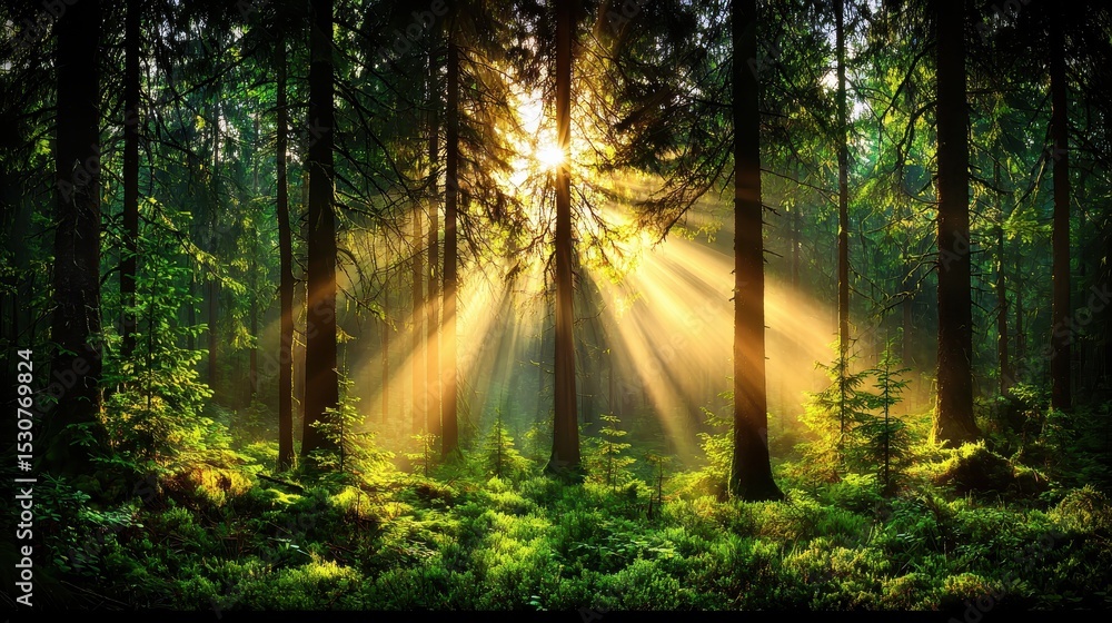 Fototapeta premium Sunbeams in a Lush Green Forest Tranquil Morning Sunlight Through Trees