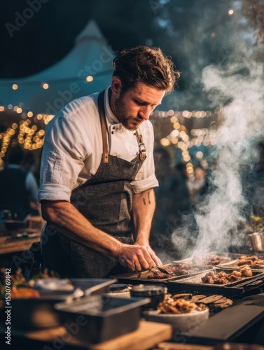 Chef grills meat at vibrant outdoor night event