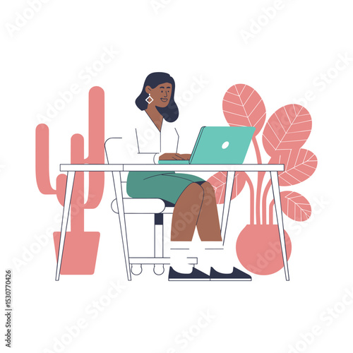 Woman Working on Laptop at Home Office Desk – Modern Flat Illustration