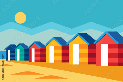 Colorful beach huts on sandy shore summer vacation