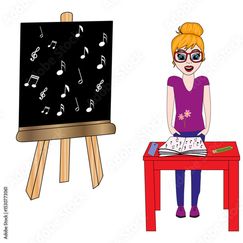 Profesora en el aula dando clases de música.