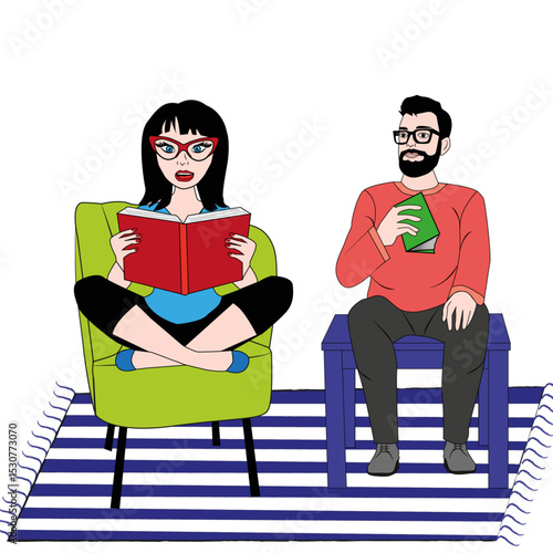 Mujer y hombre leyendo un libro.