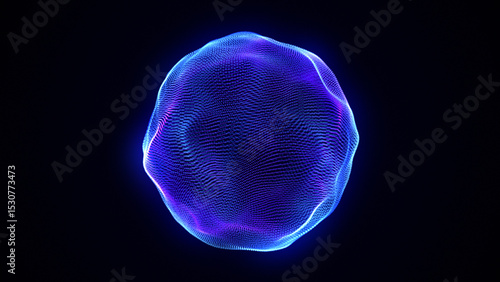 Neon futuristic 3d sphere, virtual reality, abstract technology concept. Vibrant particle liquid sphere. Purple and blue gradient technology sphere. Artificial Intelligence, big data. 