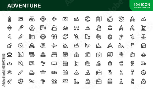 Explore the world with this dynamic Adventure icon set, featuring clean, versatile designs perfect for travel, exploration, and outdoor projects on stock platforms.