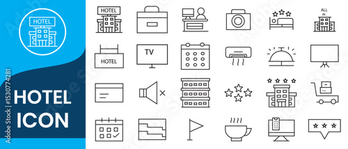 Hotel icons set. Rental property isolated icons. Set of apartment reservation, hotel booking, rent hostel room, airport shuttle, room area, flat rent, five-star hotel, service line vector web icon