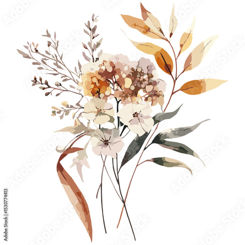Autumn leaves and eucalyptus bouquet, greeting or wedding invitation card, watercolor illustration, floral decor, summer background, rustic theme, vector illustration, botanical art.