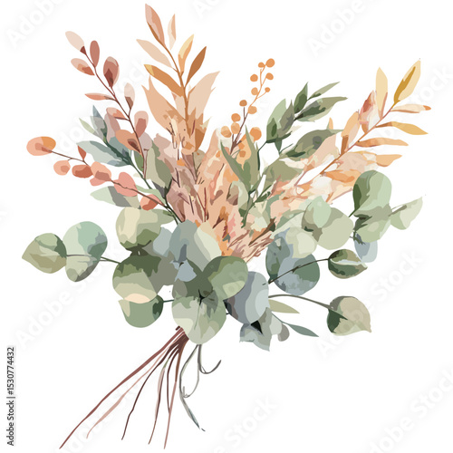 Eucalyptus and autumn leaf bouquet, watercolor design for invitation card, greeting card, wedding, holiday and birthday, summer background, vector illustration, boho flowers, cutout.
