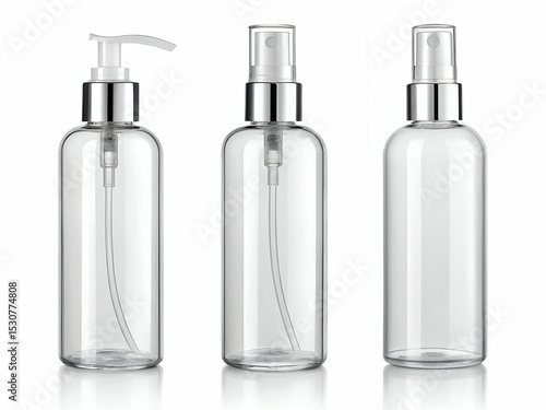 Transparent spray bottles with silver nozzles on white background