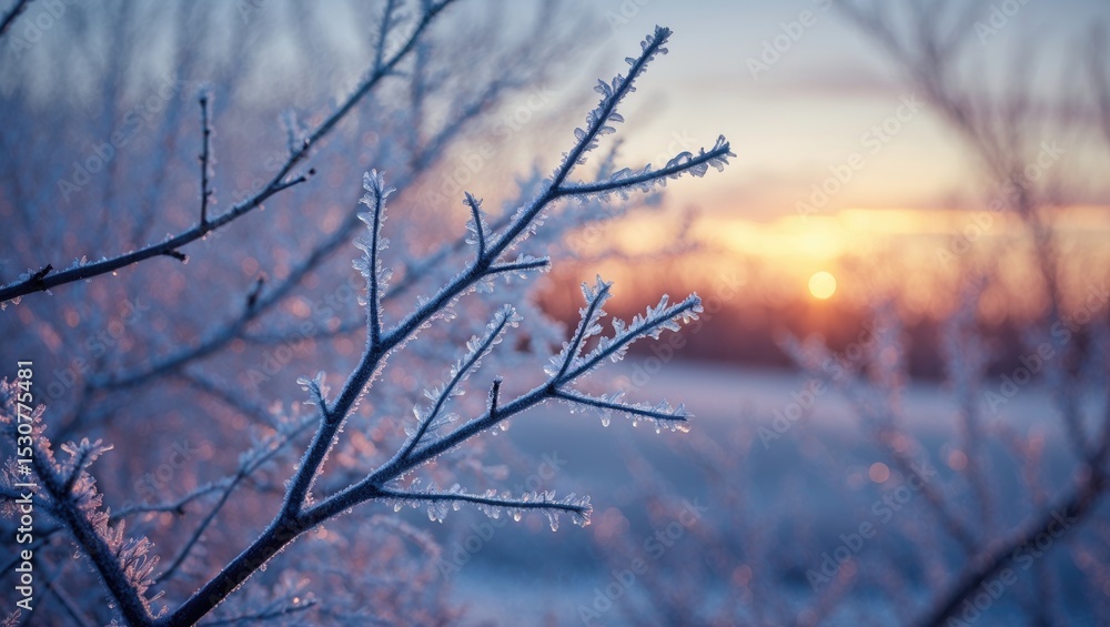Close-up of frost-covered branches against a warm sunrise background. Close-up of frost-covered branches against a warm sunrise background.