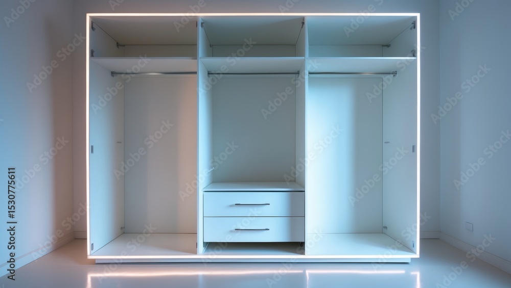 Built-in white stylish empty wardrobe with LED strip around the perimeter for modern bedroom decor. Built-in white stylish empty wardrobe with LED strip around the perimeter for modern bedroom decor.