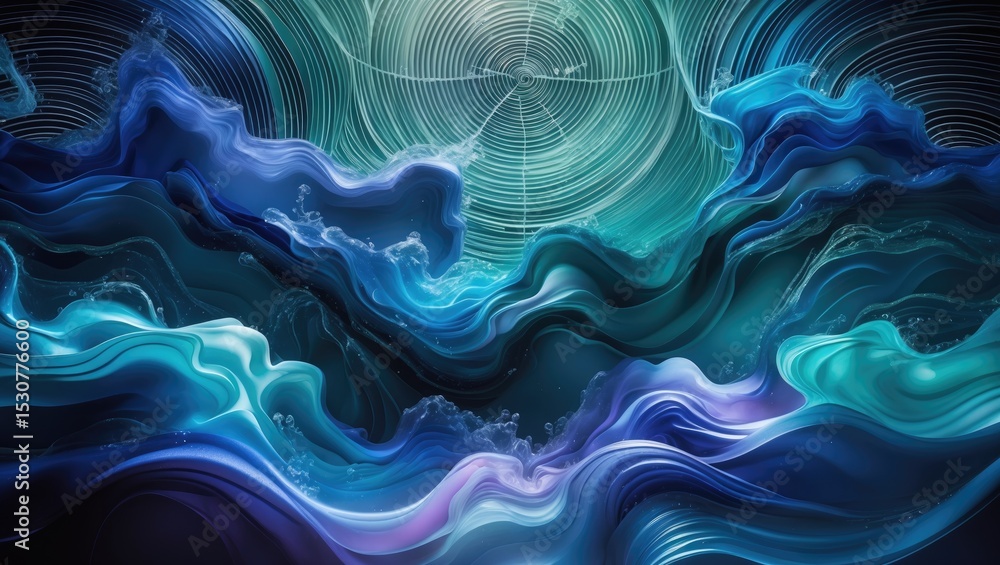 Obraz premium Futuristic abstract image featuring Ci-fi elements with a mysterious ultra-fine geometric grid pattern floating over a blue glowing phosphorescent rock background.