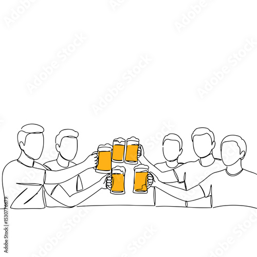 Friends clinking beer mugs, one line group celebration with color pints