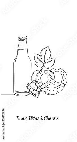 Beer, Bites and Cheers one line drawing of bottle, pretzel and hop