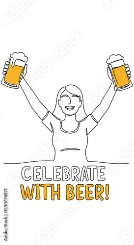 Celebrate with Beer one line drawing of happy woman raising two pints