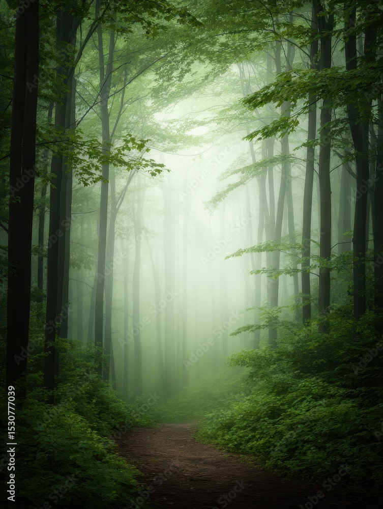 Naklejka premium Serene forest pathway surrounded by lush green trees and misty atmosphere, inviting exploration