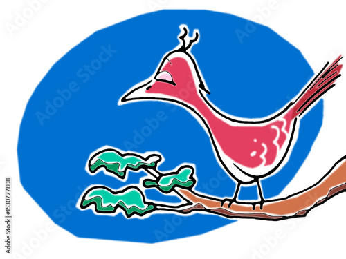 Illustration of a red bird perched on the tree