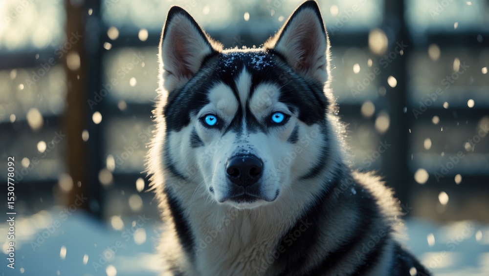 Close-up of a Siberian Husky breed's muzzle featuring blue eyes. Close-up of a Siberian Husky breed's muzzle featuring blue eyes.