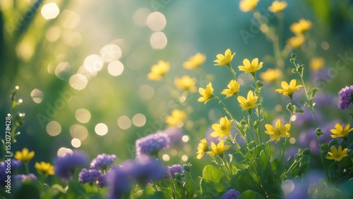 Bouquet of summer meadow flowers with bokeh and copy space, floral background.