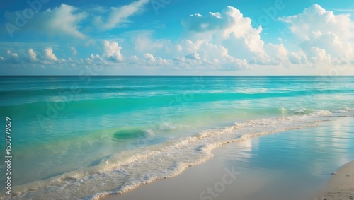 Fototapeta Naklejka Na Ścianę i Meble -  Calm turquoise water softly lapping the white sand beach of Xpu-Ha in Riviera Maya, Mexico, beneath a cloudy sky