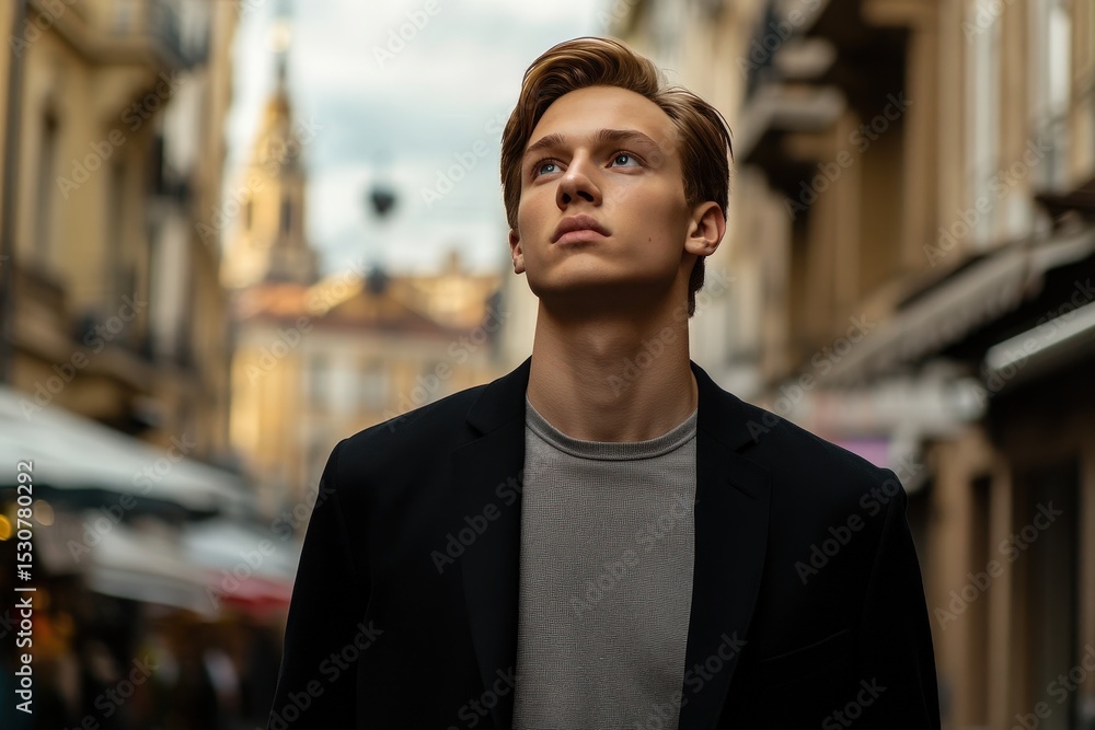 Fototapeta premium Young man looking upward in city street.
