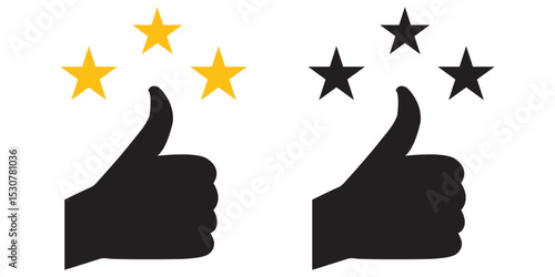 Five stars positive review. Rate icons set. Feedback icon. Thumbs up with star icon in various styles. filled and stroke. Vector illustration. 