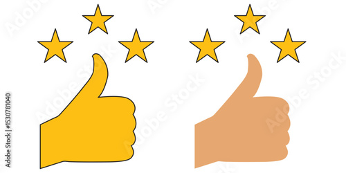 Five stars positive review. Rate icons set. Feedback icon. Thumbs up with star icon in various styles. filled and stroke. Vector illustration. 