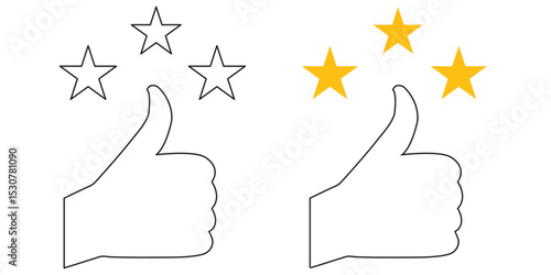 Five stars positive review. Rate icons set. Feedback icon. Thumbs up with star icon in various styles. filled and stroke. Vector illustration. 