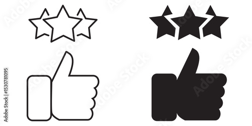 Five stars positive review. Rate icons set. Feedback icon. Thumbs up with star icon in various styles. filled and stroke. Vector illustration. 